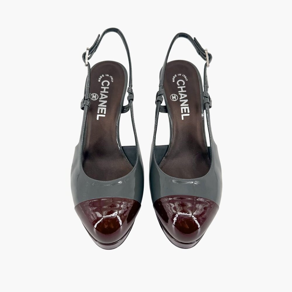 Chanel Gray Burgundy Patent Cap Toe Slingback Platform Pumps Size 37.5 US 6.5–7 - Picture 2 of 15